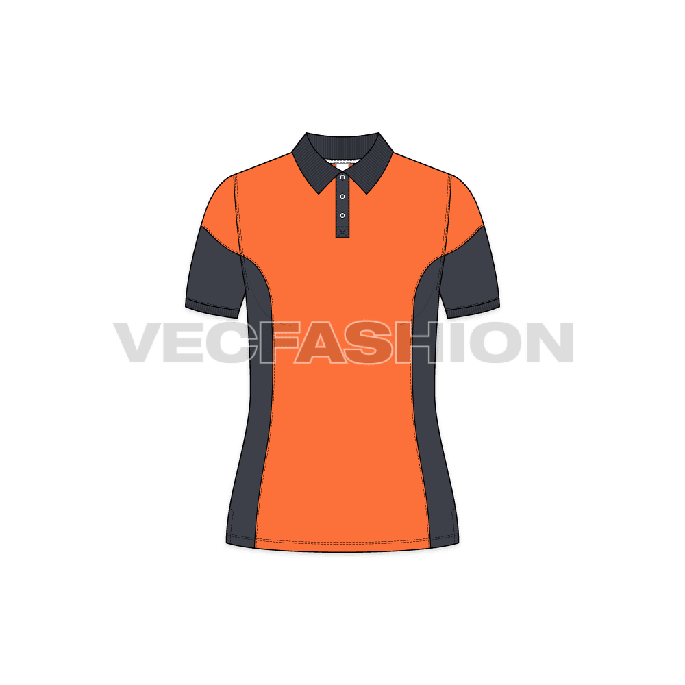 Womens training polo shirt flat sketch, front view