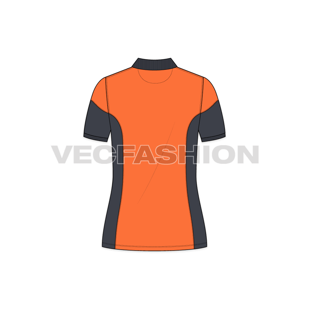 Womens training polo shirt flat sketch, back view