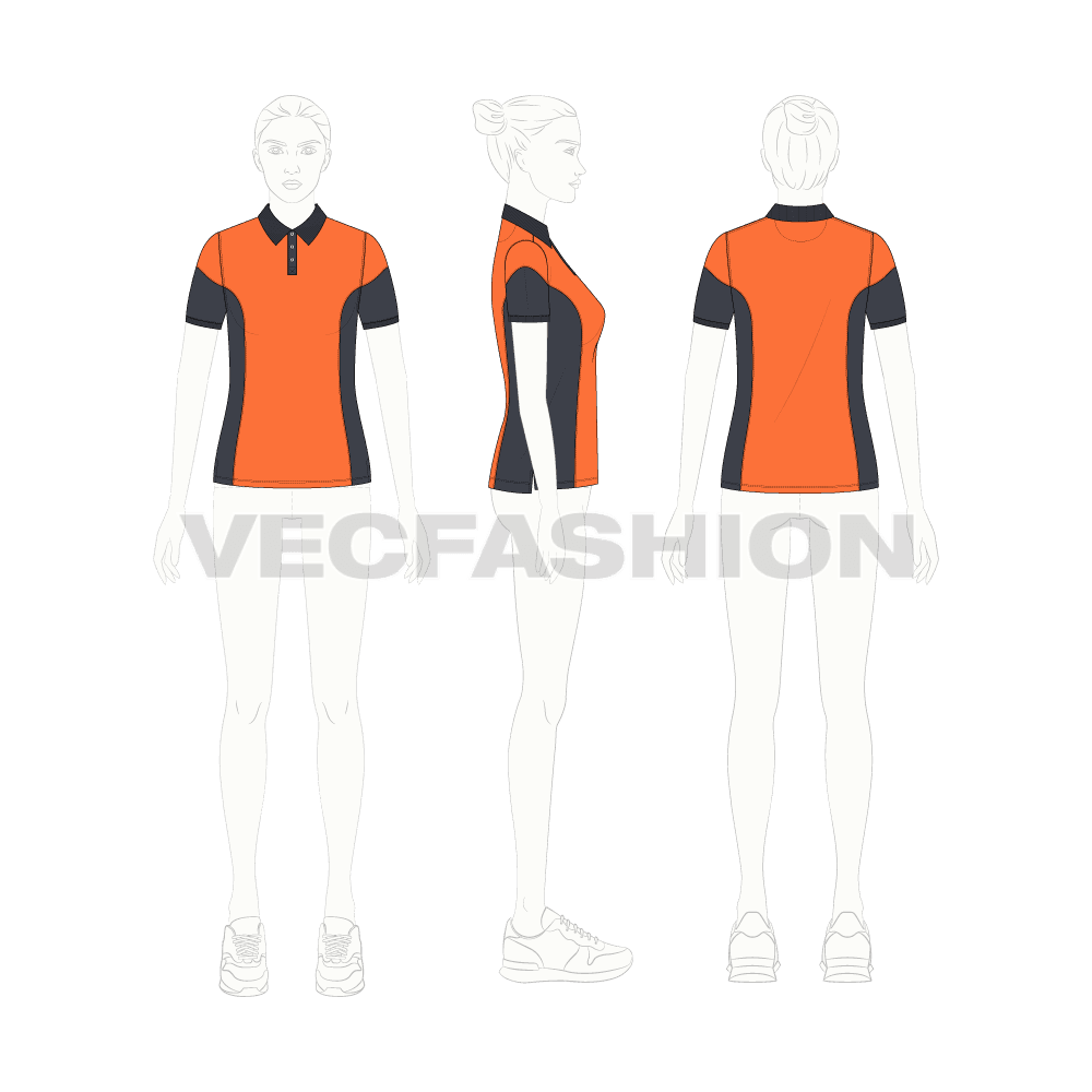 Womens training polo shirt flat sketch, croqui sketch