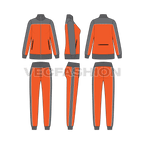 Womens training tracksuit flat sketch, showing all views, front, side and back
