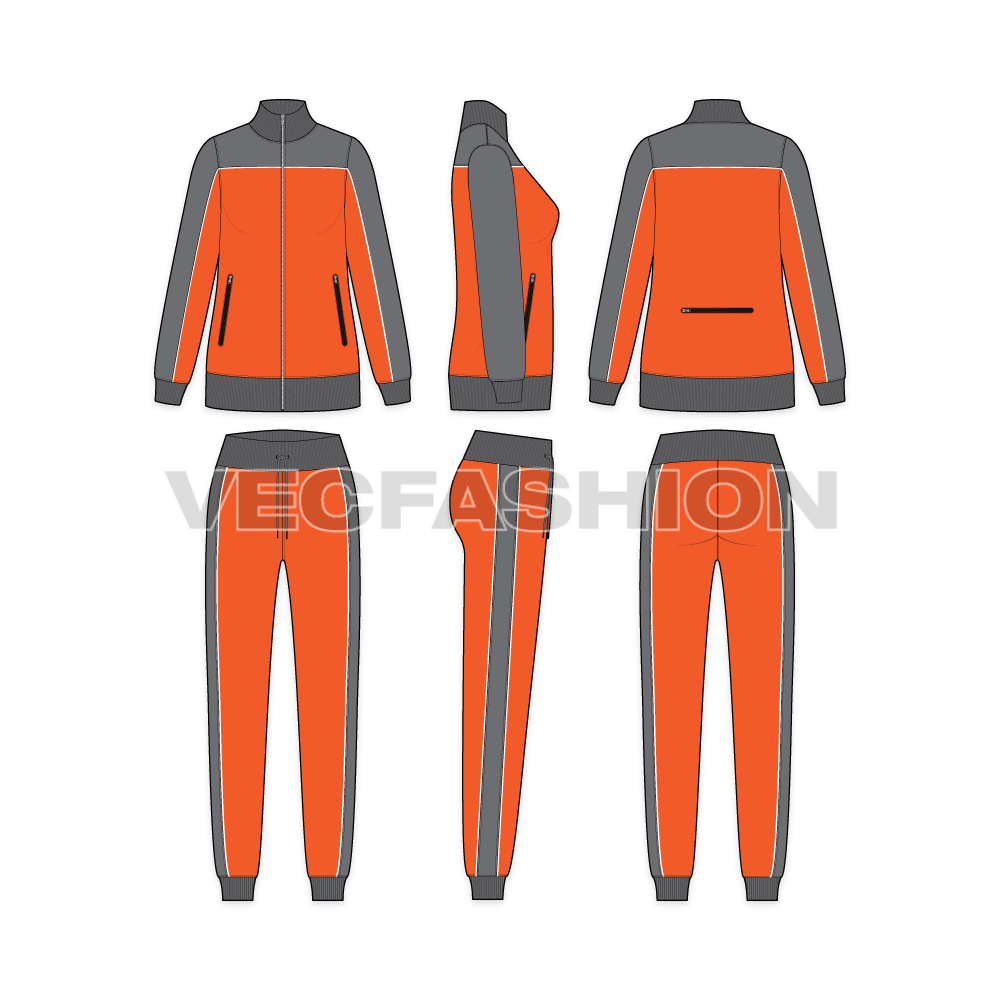 A vector template for Women's Training Tracksuit in two colors for color-blocking with a contrast colored piping in white on sleeves and chest. There are waterproof zips on jacket and pants. 