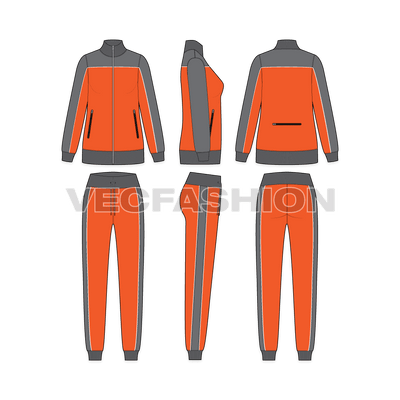 Womens training tracksuit flat sketch, showing all views, front, side and back