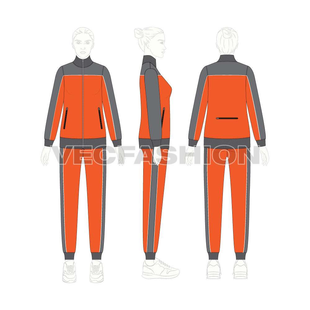 Womens training tracksuit flat sketch, on croqui