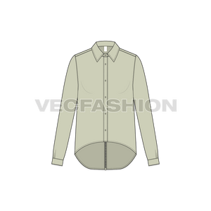 A vector illustrator template for Women's Trendy Shirt. It has a standard shirt collar with curved hem going downwards with button placket on front.