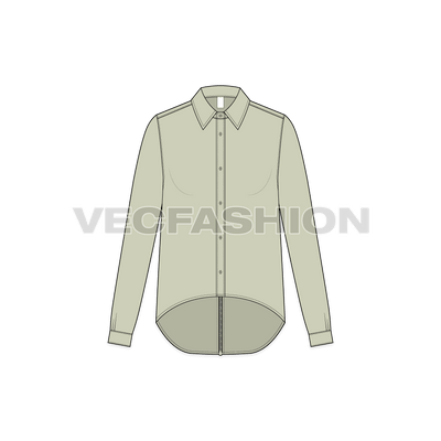 A vector illustrator template for Women's Trendy Shirt. It has a standard shirt collar with curved hem going downwards with button placket on front.