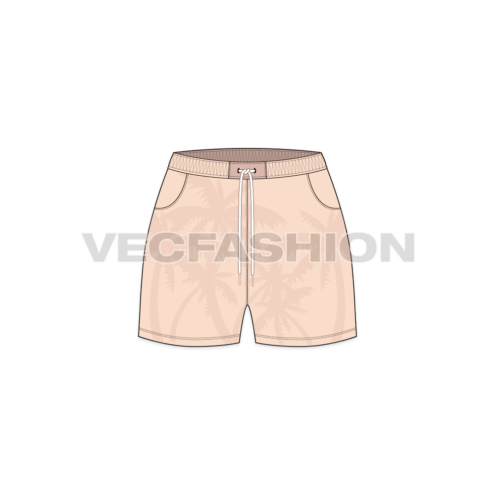 Womens tropical swim shorts flat sketch, front view