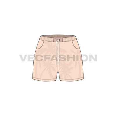 A detailed vector for Women's Tropical Themed Swim Shorts, showing Palm Trees as an allover print. The waistband is stylized with box detailing on center front.