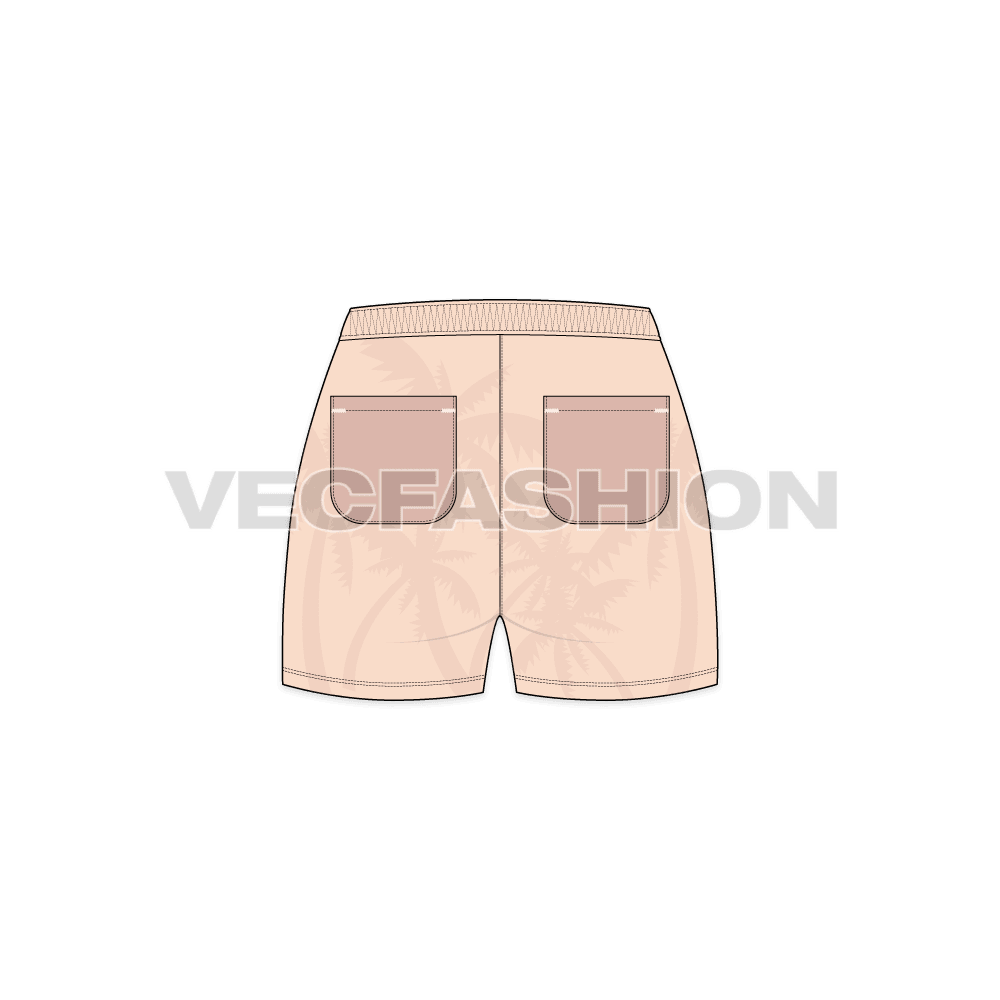 Womens tropical swim shorts flat sketch, back view