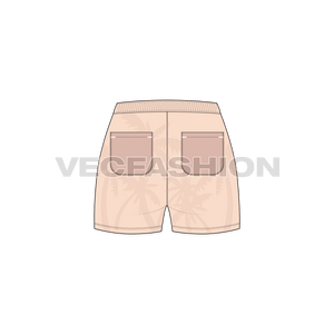 A detailed vector for Women's Tropical Themed Swim Shorts, showing Palm Trees as an allover print. The waistband is stylized with box detailing on center front.