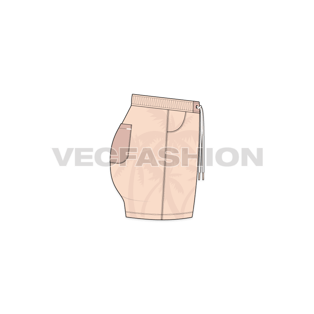 Womens tropical swim shorts flat sketch, side view