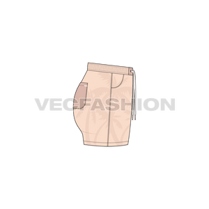 A detailed vector for Women's Tropical Themed Swim Shorts, showing Palm Trees as an allover print. The waistband is stylized with box detailing on center front.
