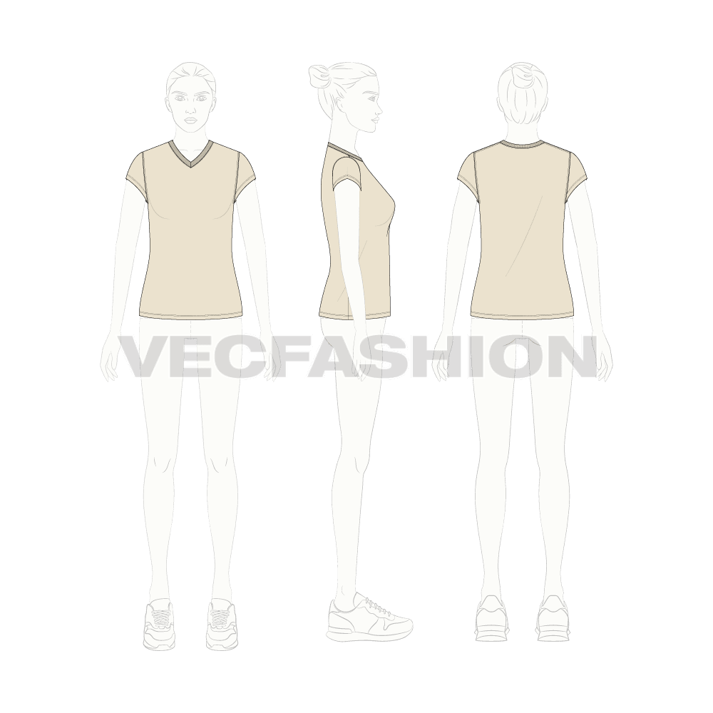 Womens v-neck cap sleeved tee flat sketch, croqui sketch