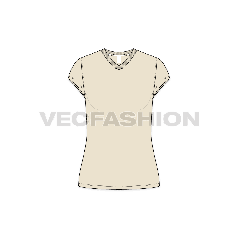 Womens v-neck cap sleeved tee flat sketch, front view