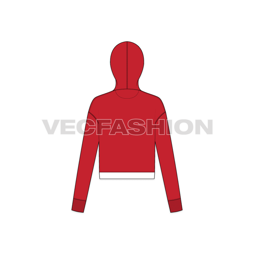 Womens v-neck crop hoodie flat sketch, back view