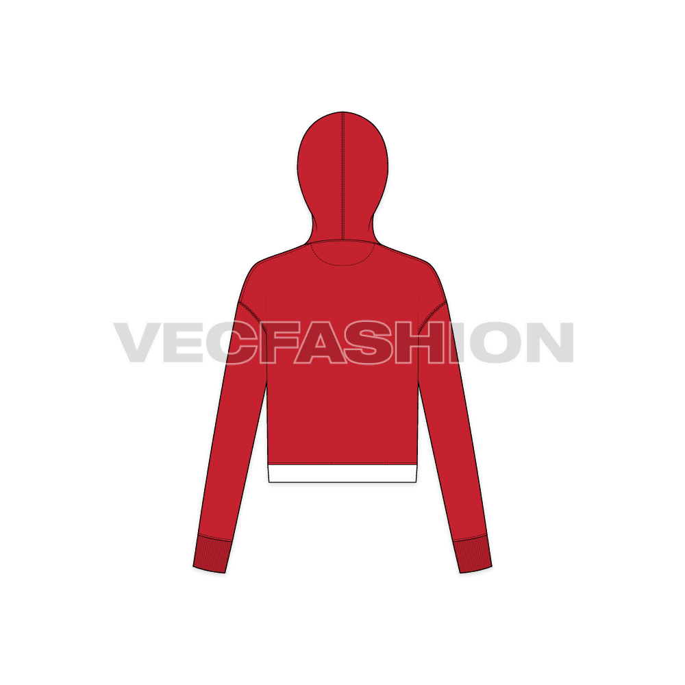 A new vector illustrator template of Women's V-neck Crop Hoodie. It has dual color V band on the neckline with branded waistband and stylized drawstrings.
