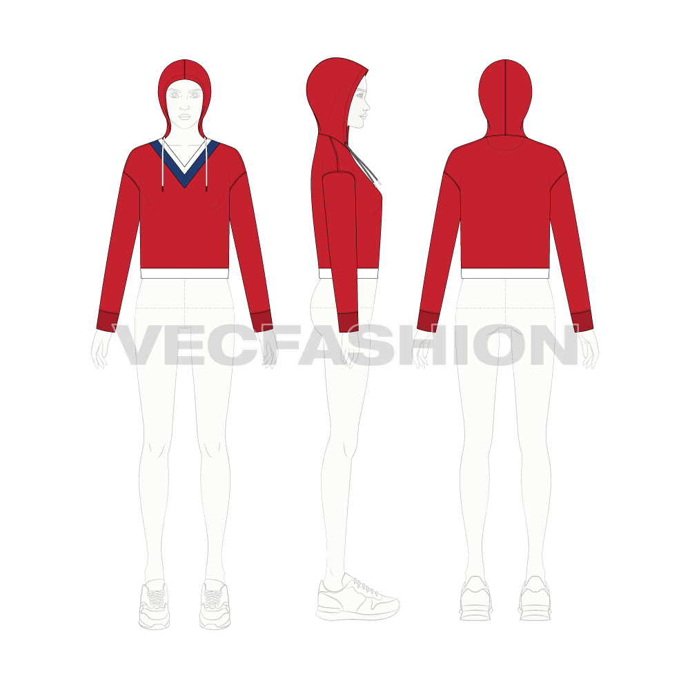 Womens v-neck crop hoodie flat sketch, croqui sketch