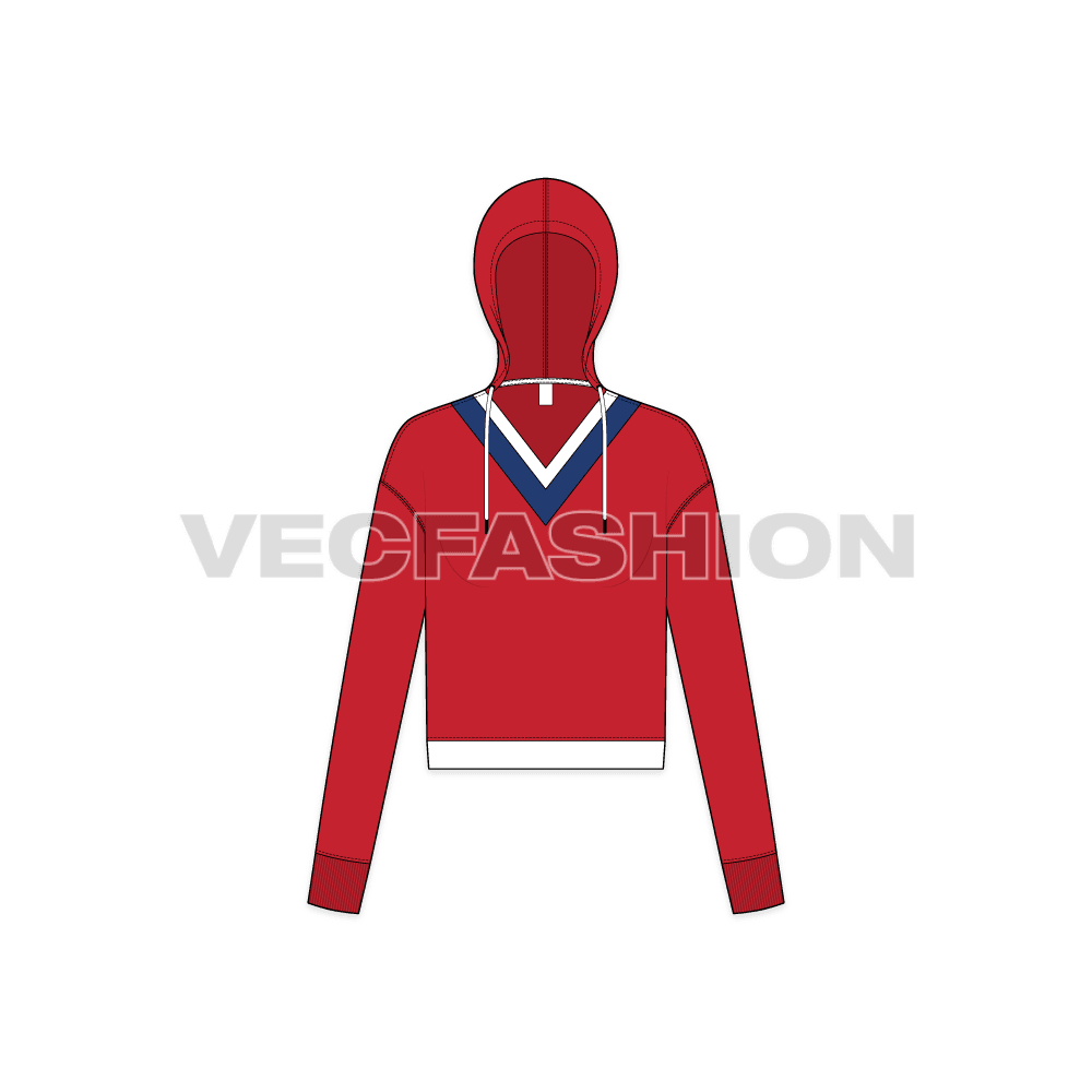 Womens v-neck crop hoodie flat sketch, front view