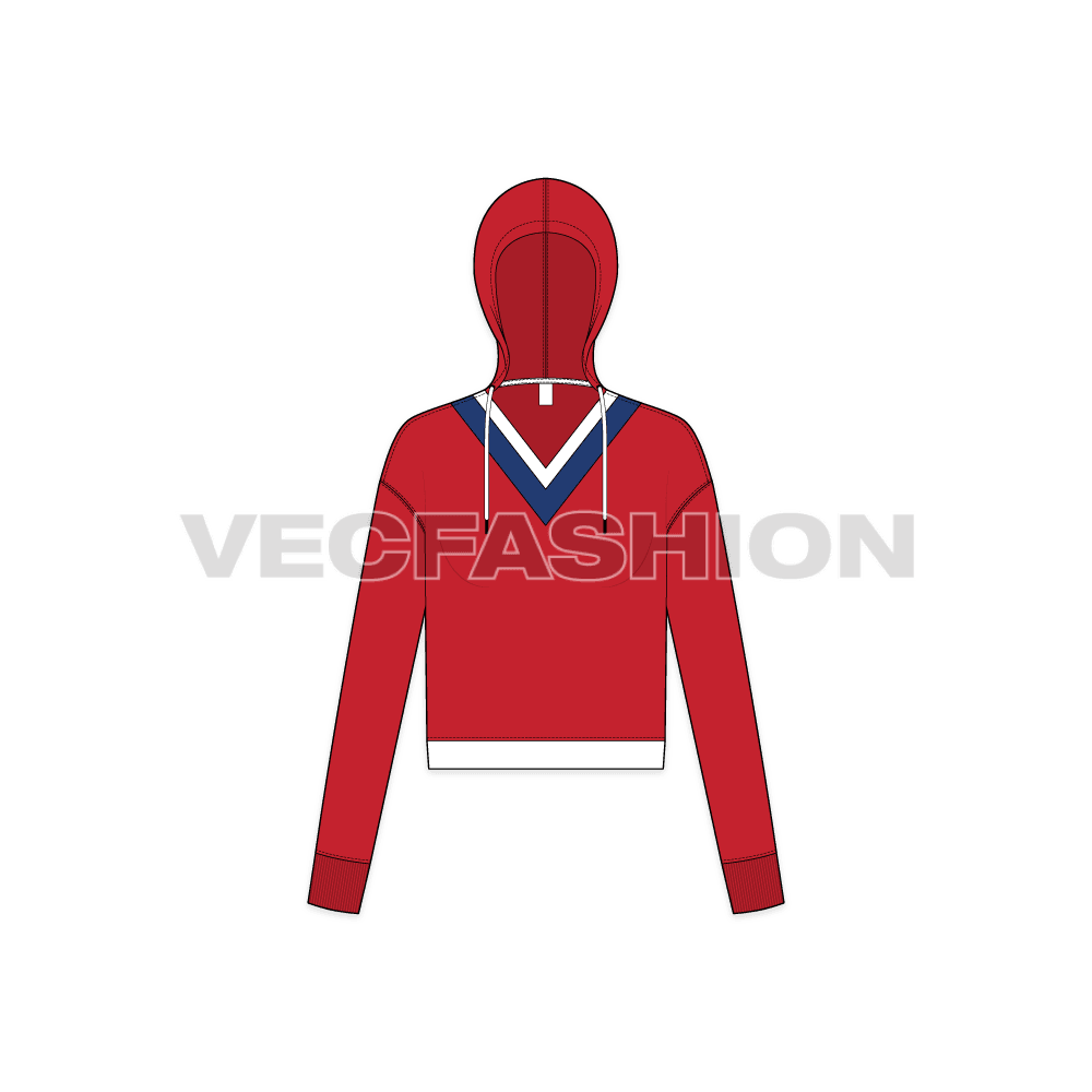 A new vector illustrator template of Women's V-neck Crop Hoodie. It has dual color V band on the neckline with branded waistband and stylized drawstrings.