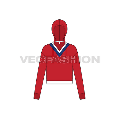 A new vector illustrator template of Women's V-neck Crop Hoodie. It has dual color V band on the neckline with branded waistband and stylized drawstrings.