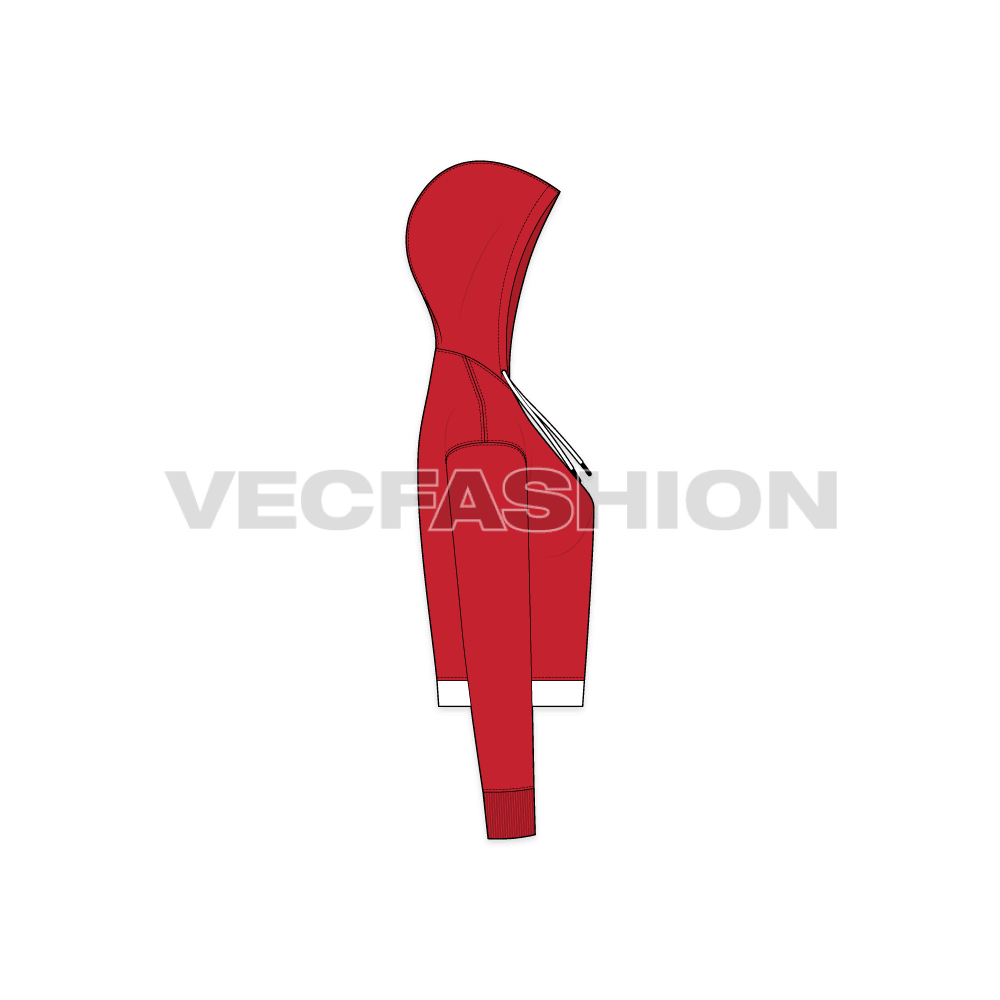 Womens v-neck crop hoodie flat sketch, side view