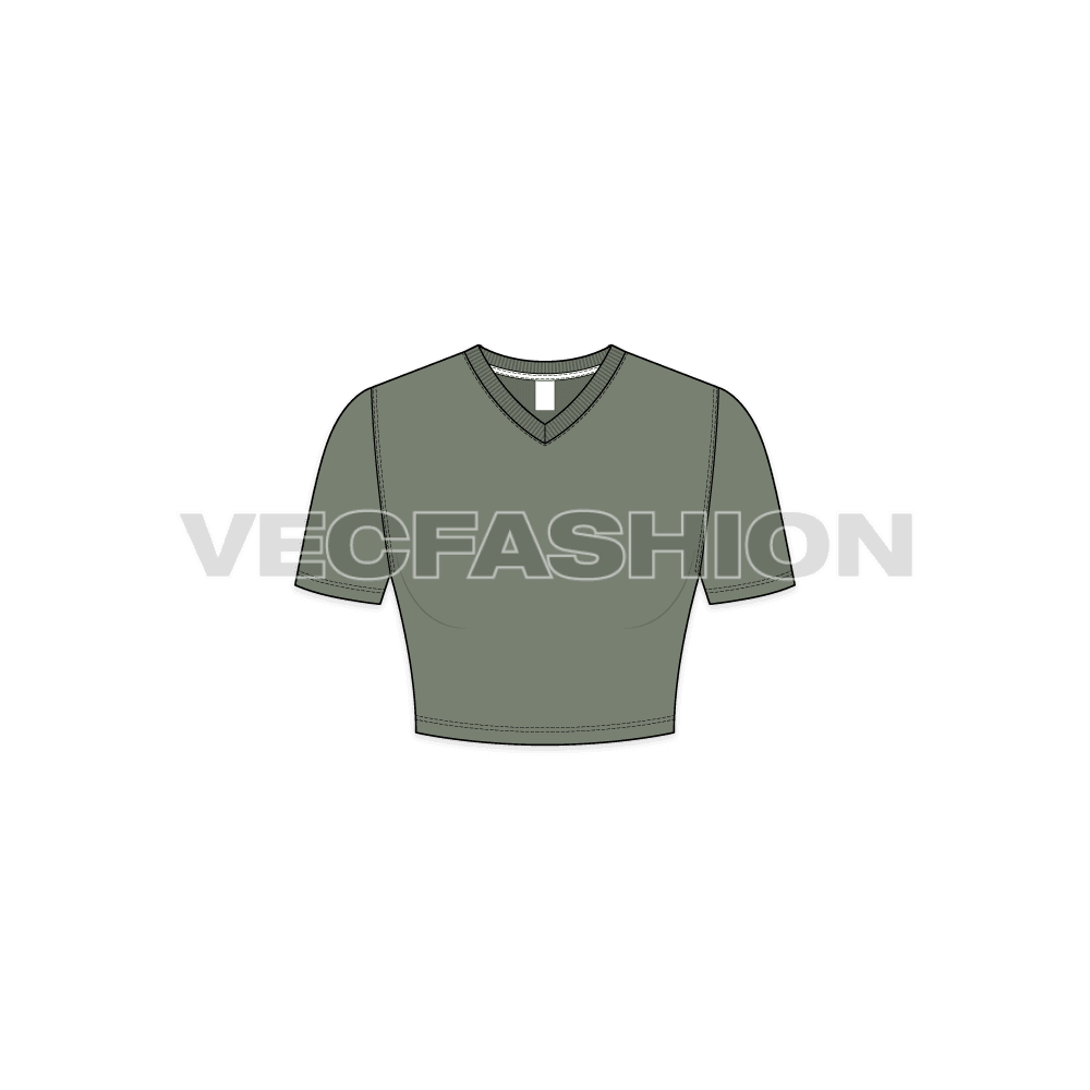 Womens v-neck crop tee flat sketch, front view