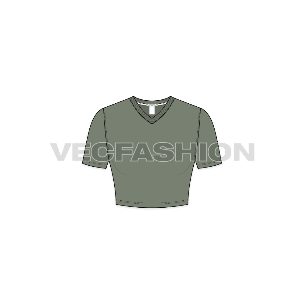A vector template for Women's V-neck Crop Tee. It has ribbed neckline with cropped v neck. It is rendered in army green color.