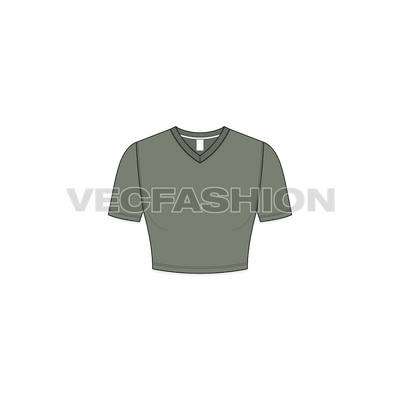 A vector template for Women's V-neck Crop Tee. It has ribbed neckline with cropped v neck. It is rendered in army green color.