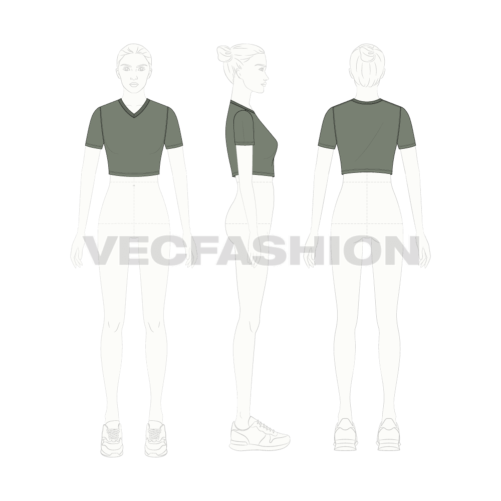 Womens v-neck crop tee flat sketch, croqui sketch