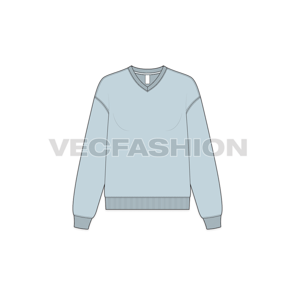 Womens v-neck drop shoulder sweatshirt flat sketch, front view