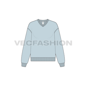A vector illustrator sketch template of Women's V-neck Drop Shoulder Sweatshirt. It is illustrated with Front, Side and Back view. It has rib on neck, sleeve cuffs and bottom hem.