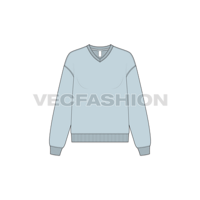 A vector illustrator sketch template of Women's V-neck Drop Shoulder Sweatshirt. It is illustrated with Front, Side and Back view. It has rib on neck, sleeve cuffs and bottom hem.