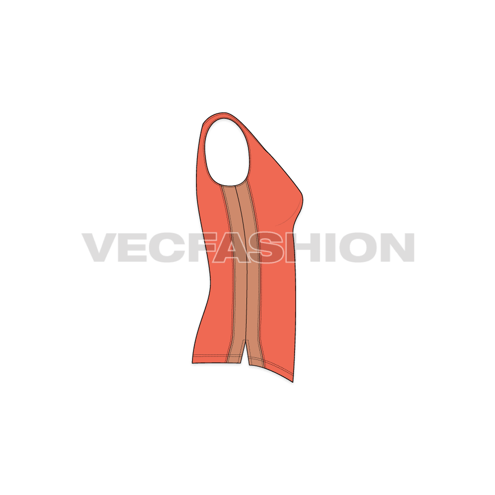 Womens v-neck fitted top flat sketch, side view