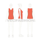 Womens v-neck fitted top flat sketch, croqui sketch