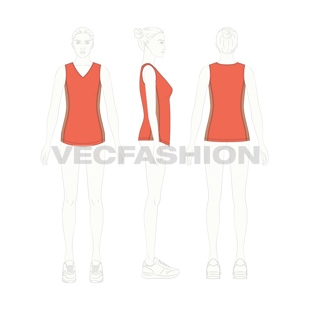 Womens v-neck fitted top flat sketch, croqui sketch