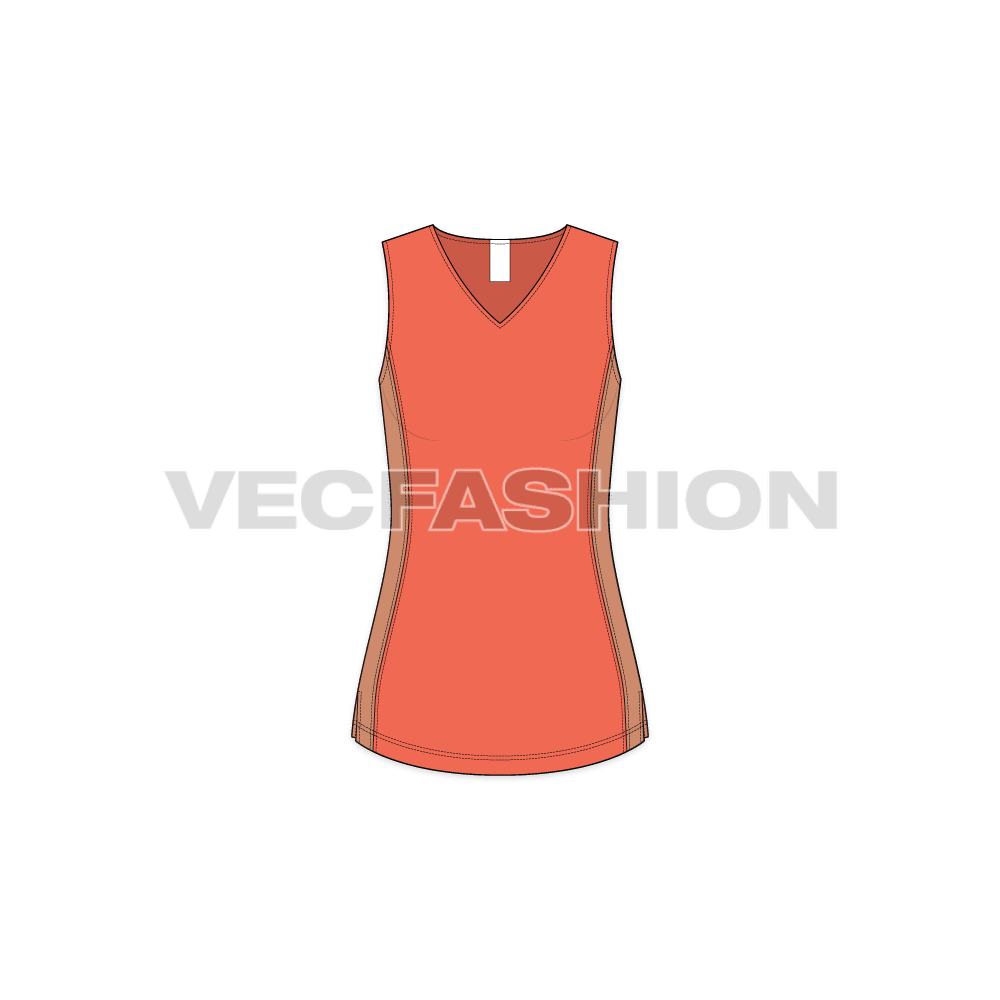 Womens v-neck fitted top flat sketch, front view