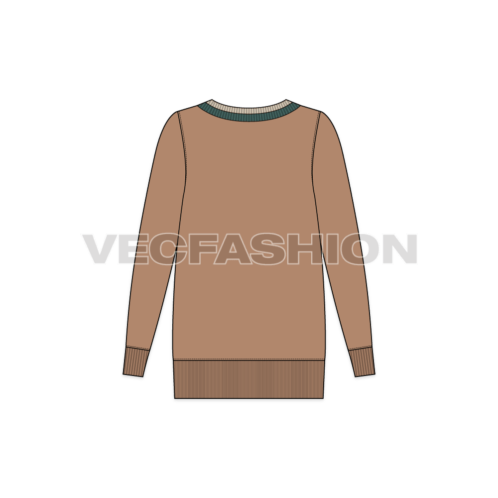 Womens v-neck long sweater flat sketch, back view