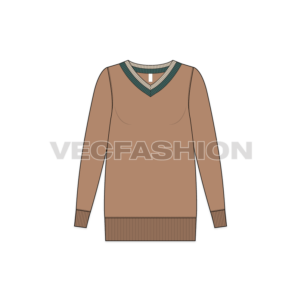 Womens v-neck long sweater flat sketch, front view