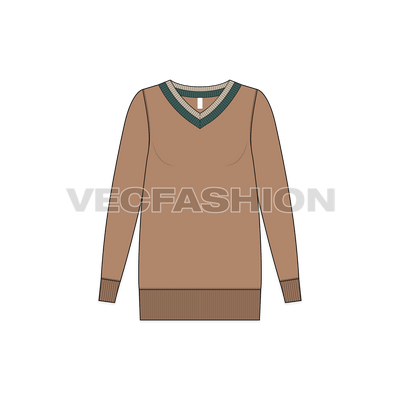 A vector template for Women's V-neck Long Sweater. It has a big V neck in khaki and green color rib with big rib at the bottom and sleeve cuffs.