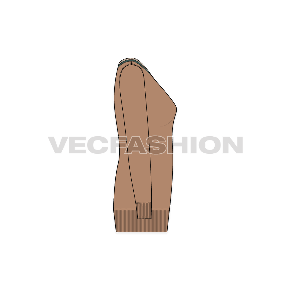 Womens v-neck long sweater flat sketch, side view