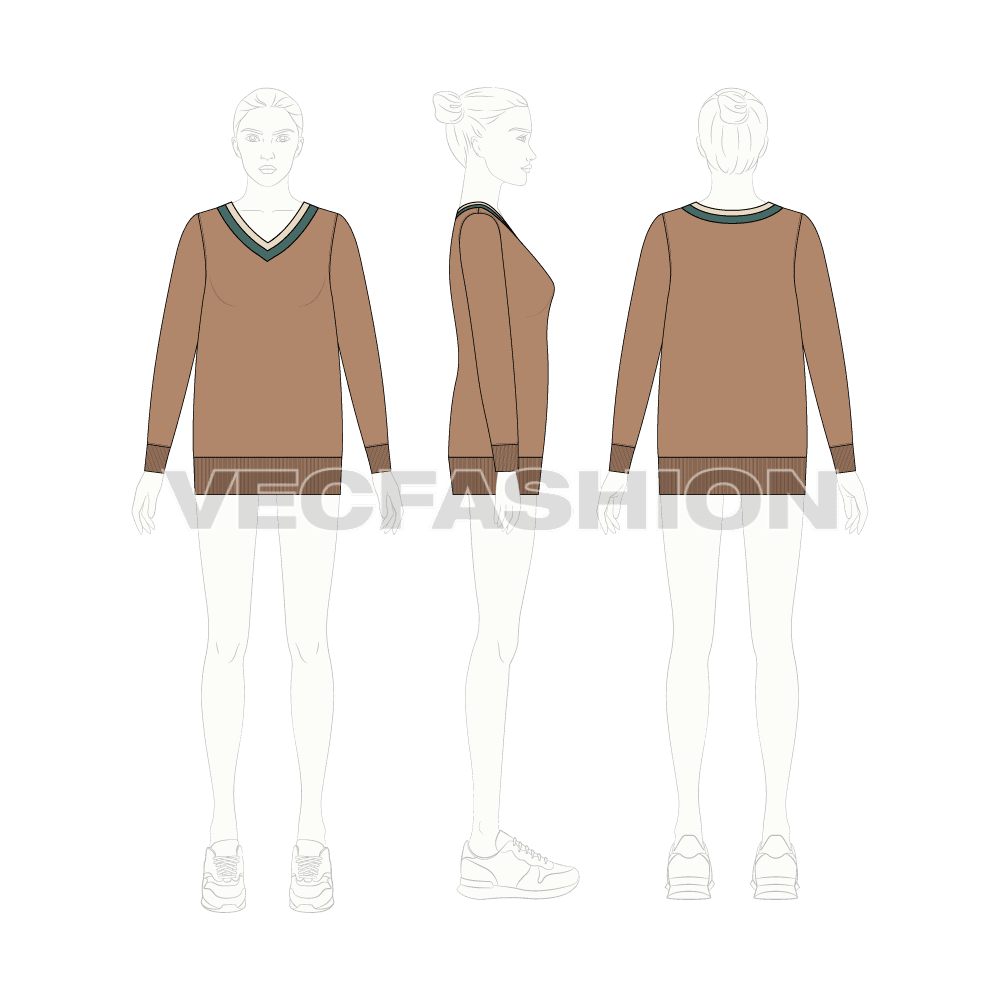 Womens v-neck long sweater flat sketch, croqui sketch