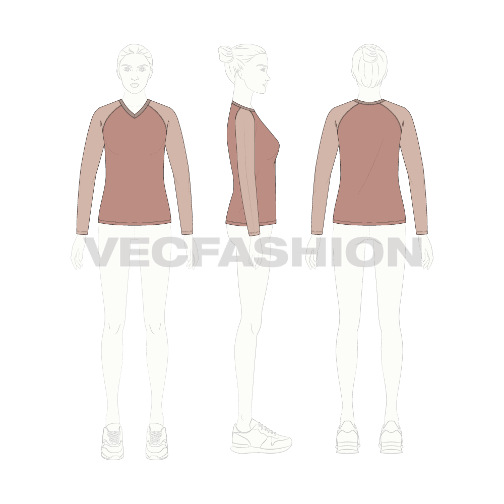Womens v-neck raglan sleeve flat sketch, croqui sketch