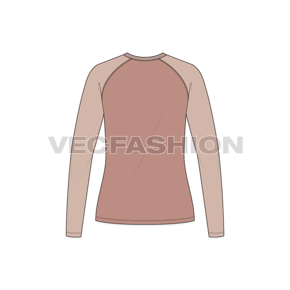 Womens v-neck raglan sleeve flat sketch, back view