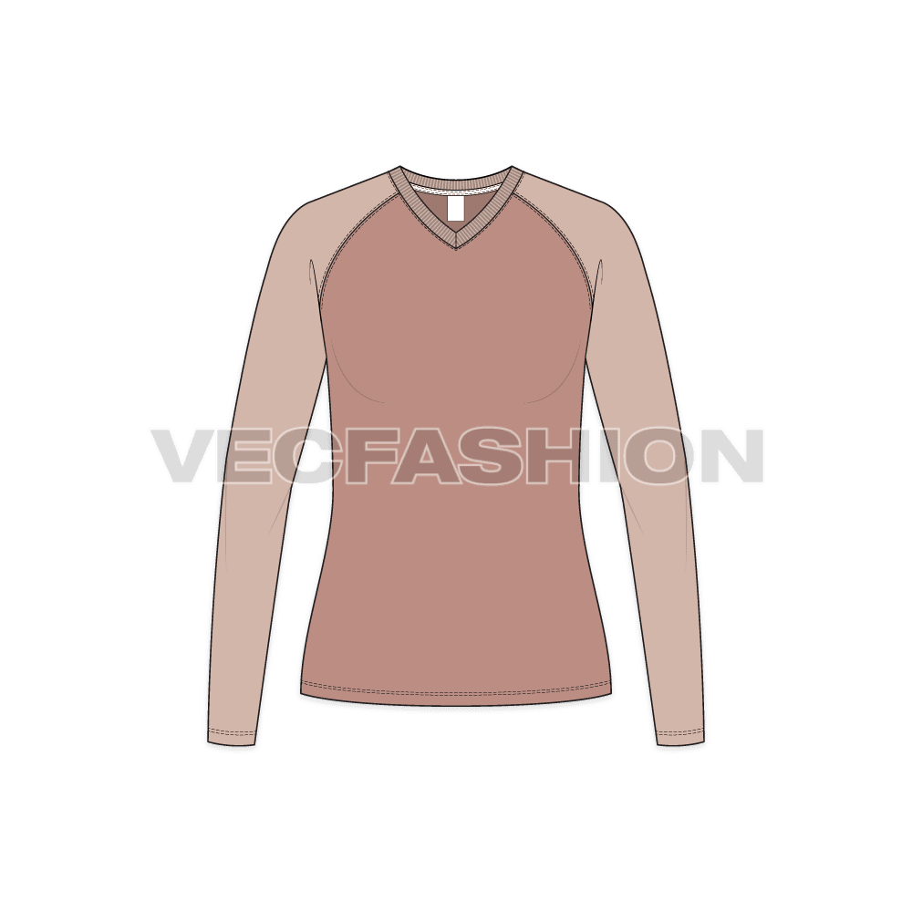 Womens v-neck raglan sleeve flat sketch, front view
