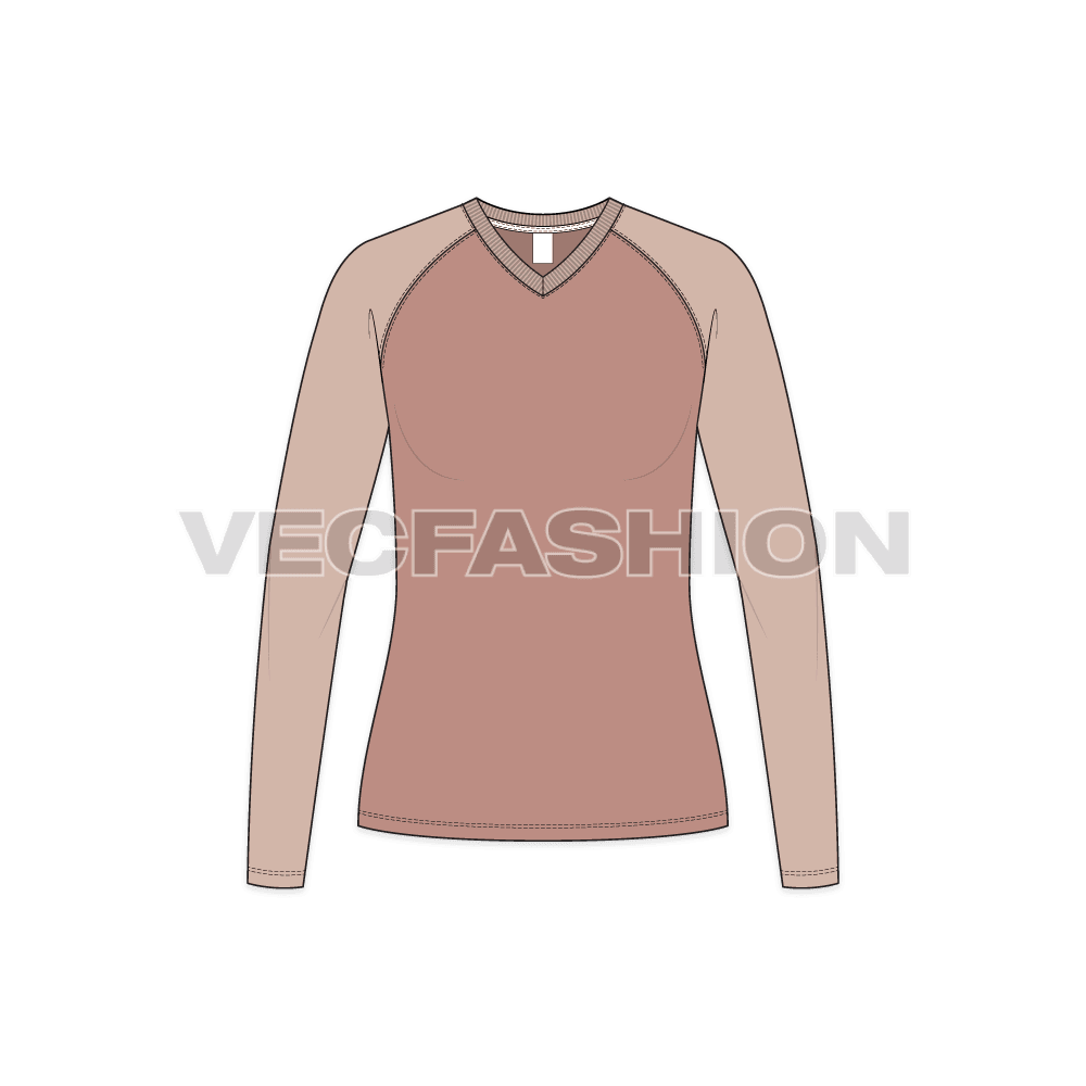 A vector fashion template for Women's V-neck Raglan Sleeve. 