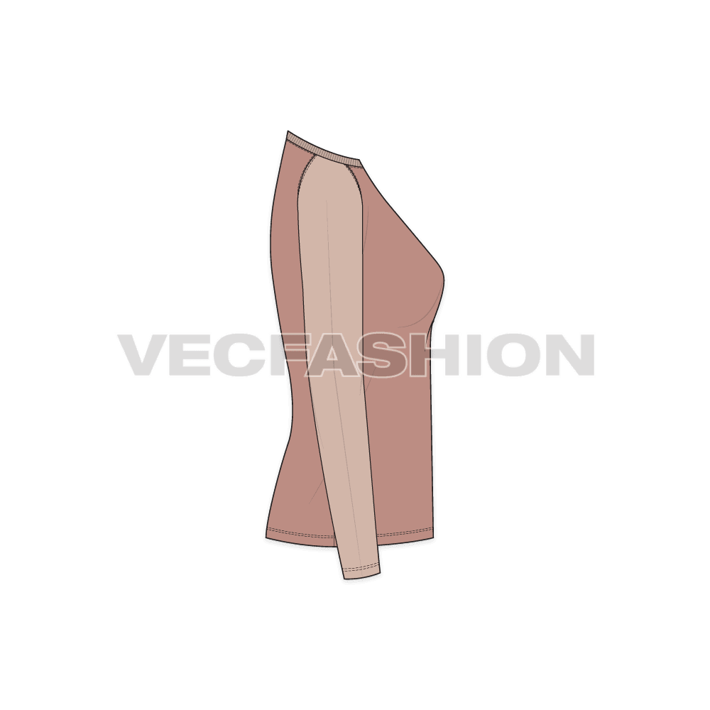 Womens v-neck raglan sleeve flat sketch, side view