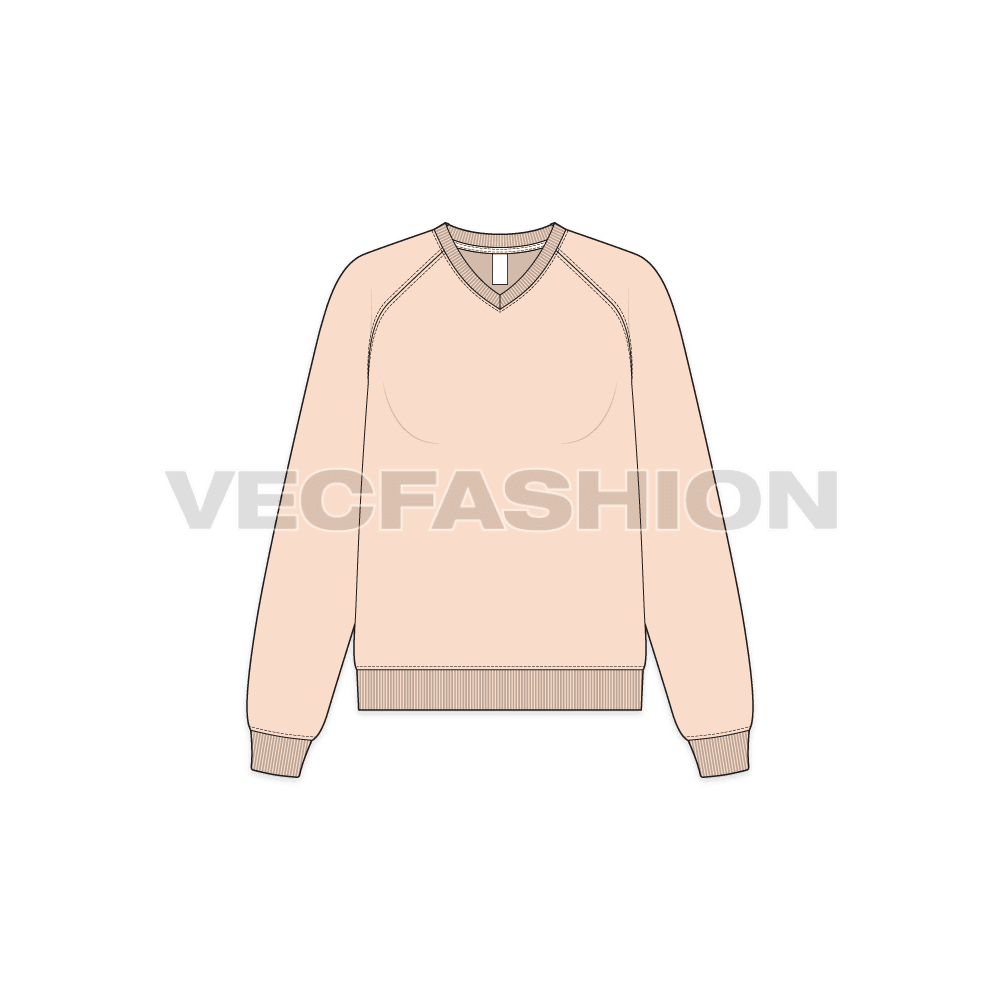 Womens v-neck raglan sleeve sweatshirt flat sketch, front view