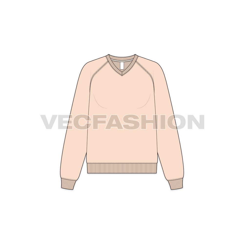 A vector illustrator sketch template of Women's V-neck Raglan Sleeve Sweatshirt. It is illustrated with Front, Side and Back view. It has rib on neck and sleeve cuffs.