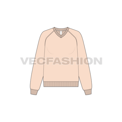 A vector illustrator sketch template of Women's V-neck Raglan Sleeve Sweatshirt. It is illustrated with Front, Side and Back view. It has rib on neck and sleeve cuffs.