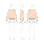 Womens v-neck raglan sleeve sweatshirt flat sketch, croqui sketch