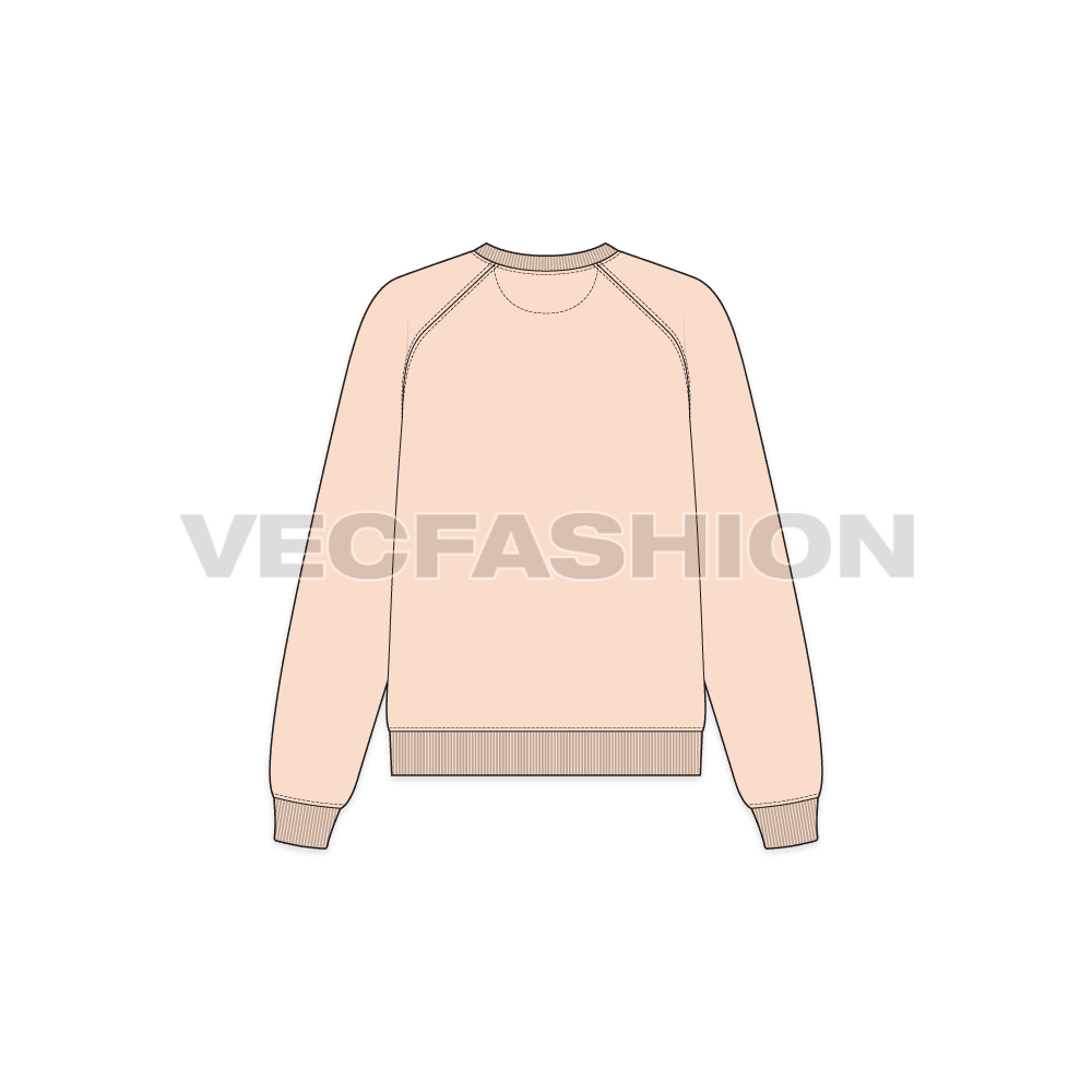 A vector illustrator sketch template of Women's V-neck Raglan Sleeve Sweatshirt. It is illustrated with Front, Side and Back view. It has rib on neck and sleeve cuffs.